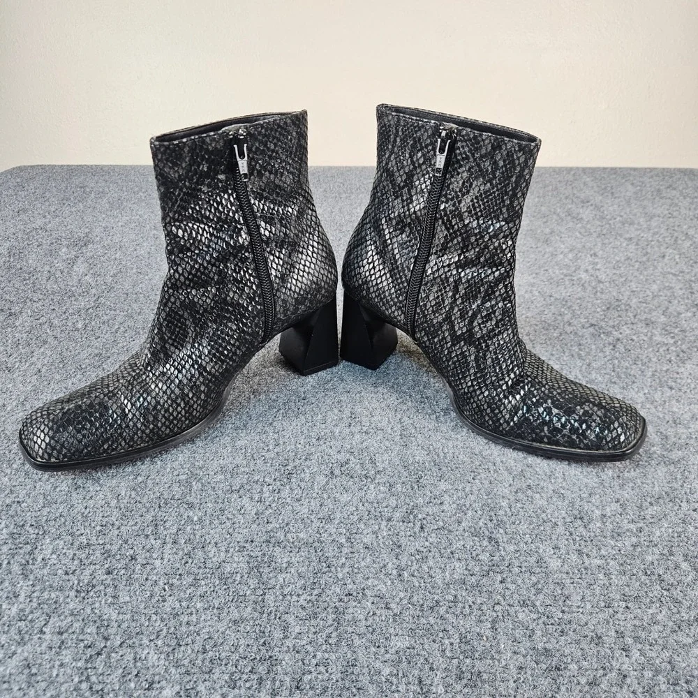 Genuine Leather Snake Embossed Square Toe Block Heel Ankle Boots SilverBlack6.5M